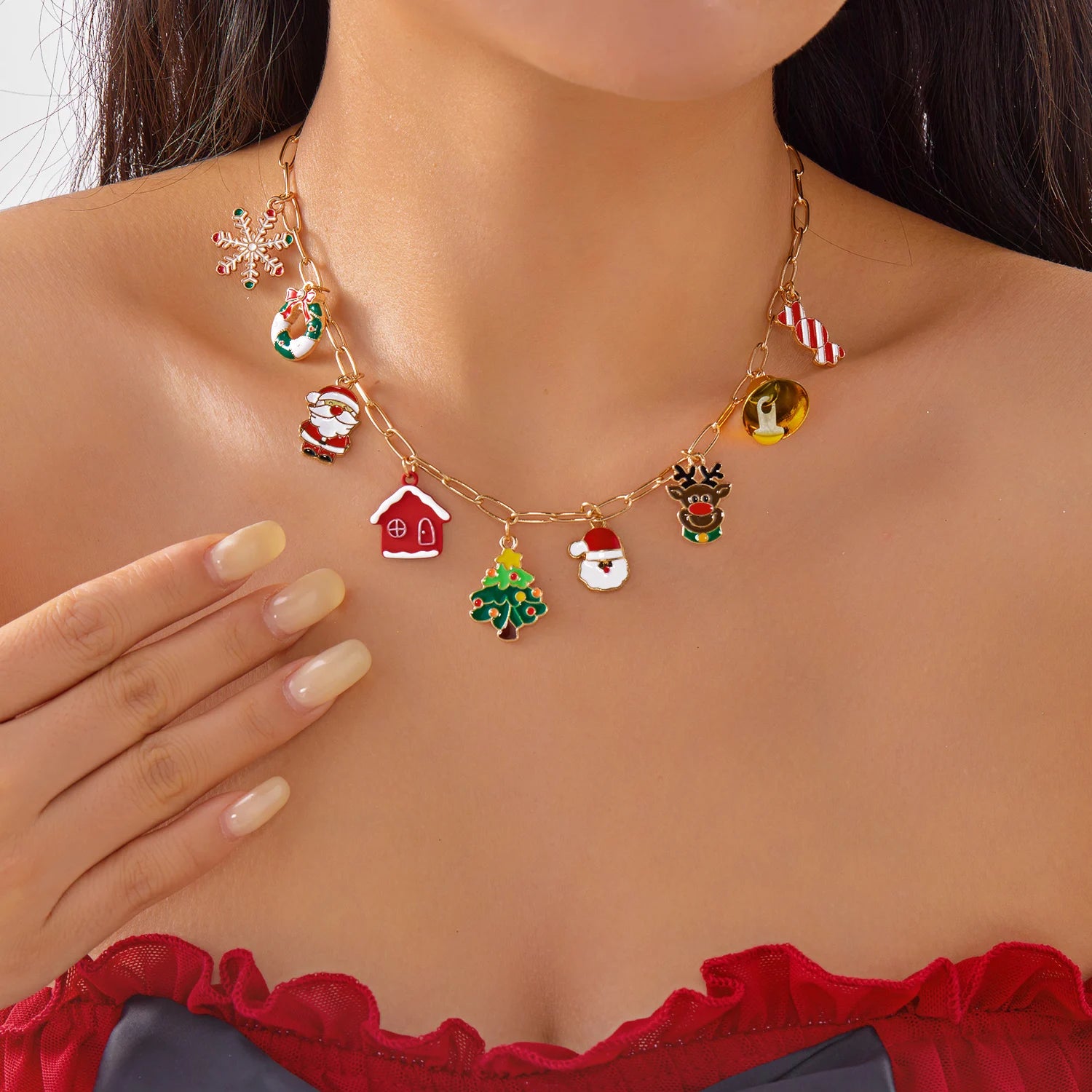 New Year Christmas Tree Pendant Necklace For Women Rhinestone Snowflake Santa Claus Bell Clavicle Choker Party Jewelry Gifts