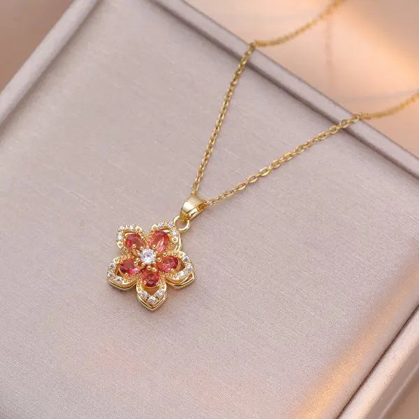 Creative Rotatable Pink Flower Necklace For Women Titanium Steel Rotatable Spinner Clavicle Choker Anti Stress Anxiety Jewelry