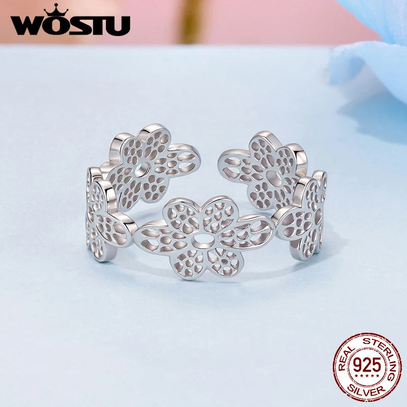 WOSTU 925 Sterling Silver Vintage Flower Opening Ring , Women Hollow Lace Flowers Adjustable Party Rings Statement Jewelry Gift