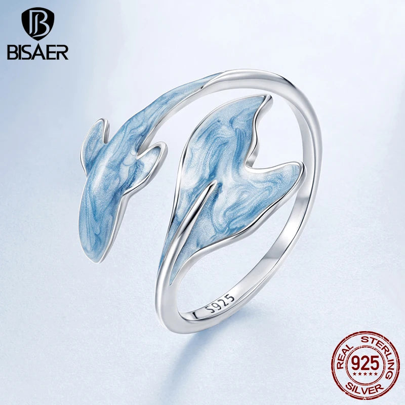 BISAER 925 Sterling Silver Guppy Open Ring Fish Blue Enamel Band Plated White Gold for Women Party Fine Jewelry Holiday Gift