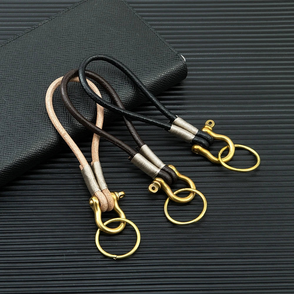 MKENDN Messingschäkel, massiver Bügelverschluss mit Schraubstange, handgefertigt, echter Leder-Schlüsselanhänger, Karabinerhaken, Herren- und Damen-Schlüsselanhänger, Geschenke