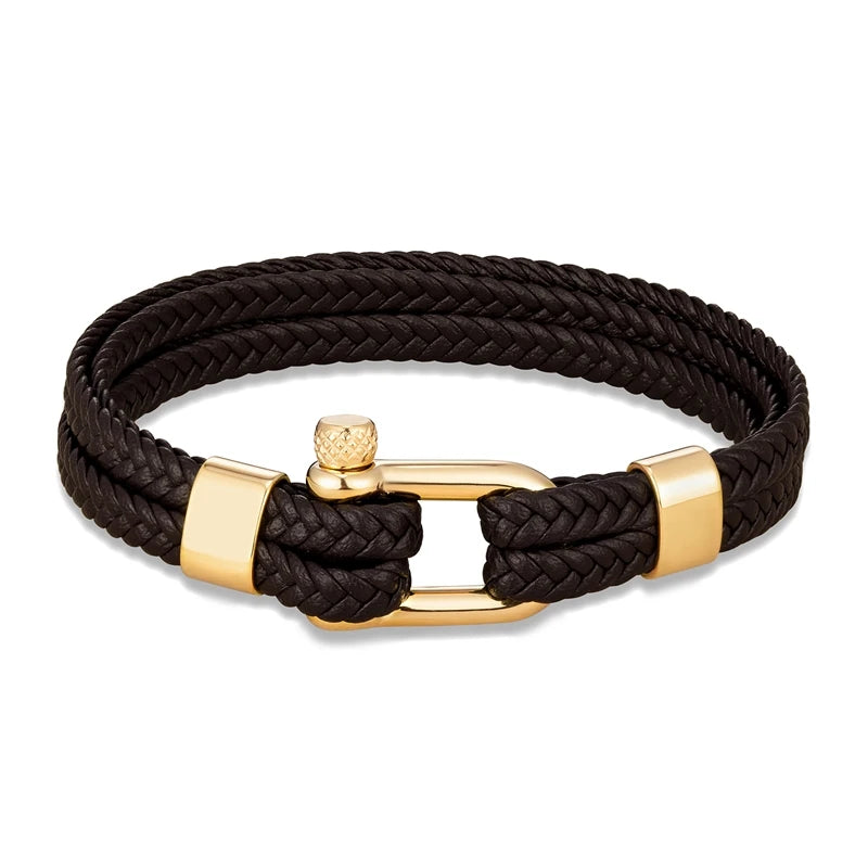 MKENDN Navy Style Men U-shape Shackle Bracelet Woven Multilayer Leather Bracelets For Women Stainless Steel Sport Buckle