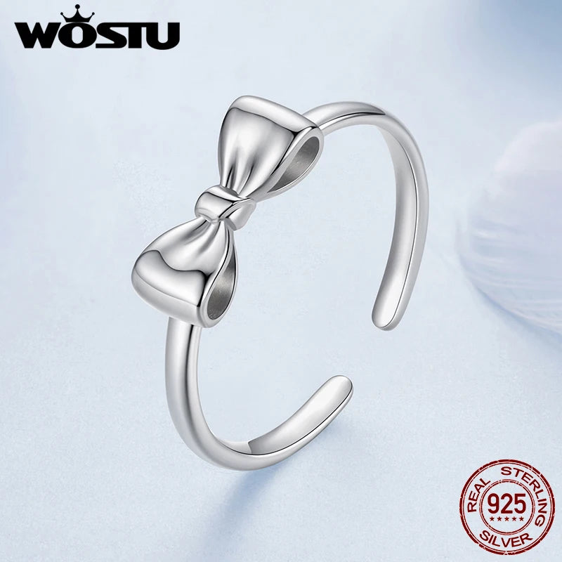 WOSTU Solid 925 Sterling Silver Classical Bow knot Ring For Women Wedding Jewelry Opening Rings Stackable Jewelry Gift BSR664-E