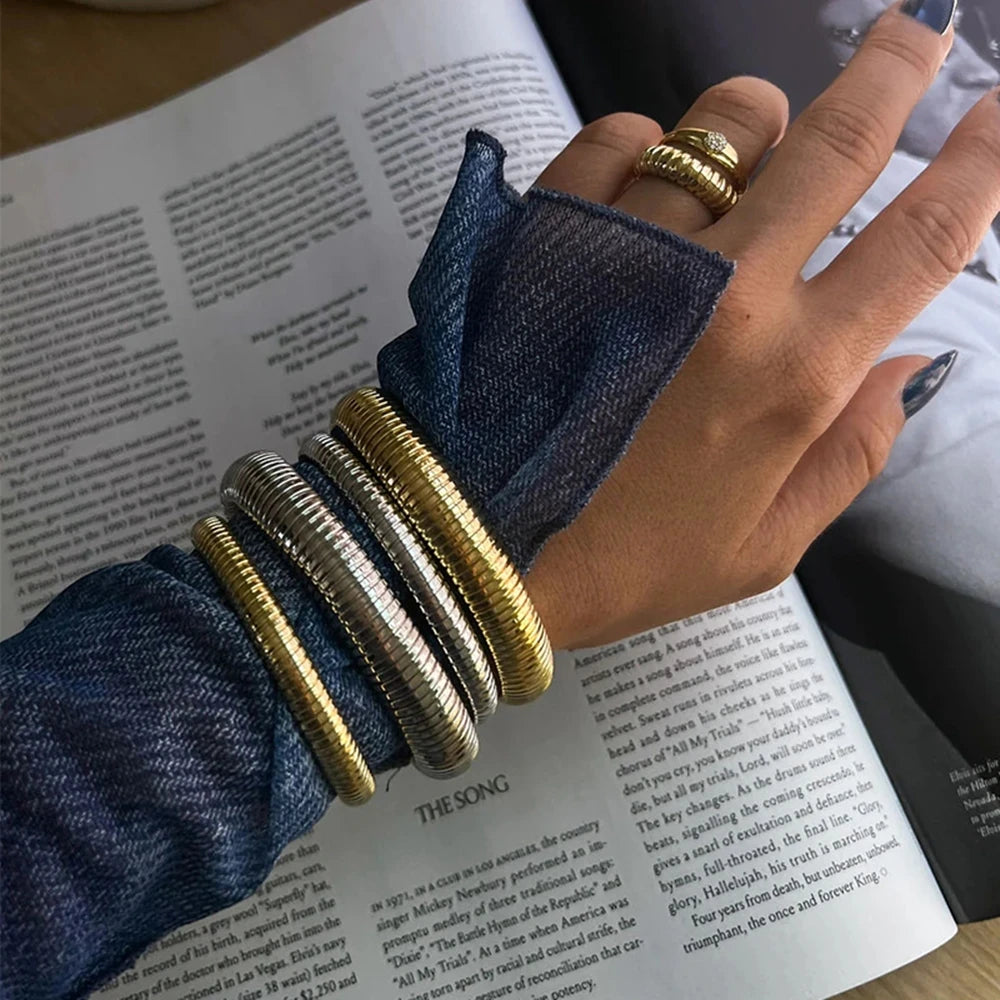 MKENDN Fashion Women Antique Original Design Bracelet Wide And Narrow Elastic Bracelet Ladies Stainless Steel Trendy Bracelet