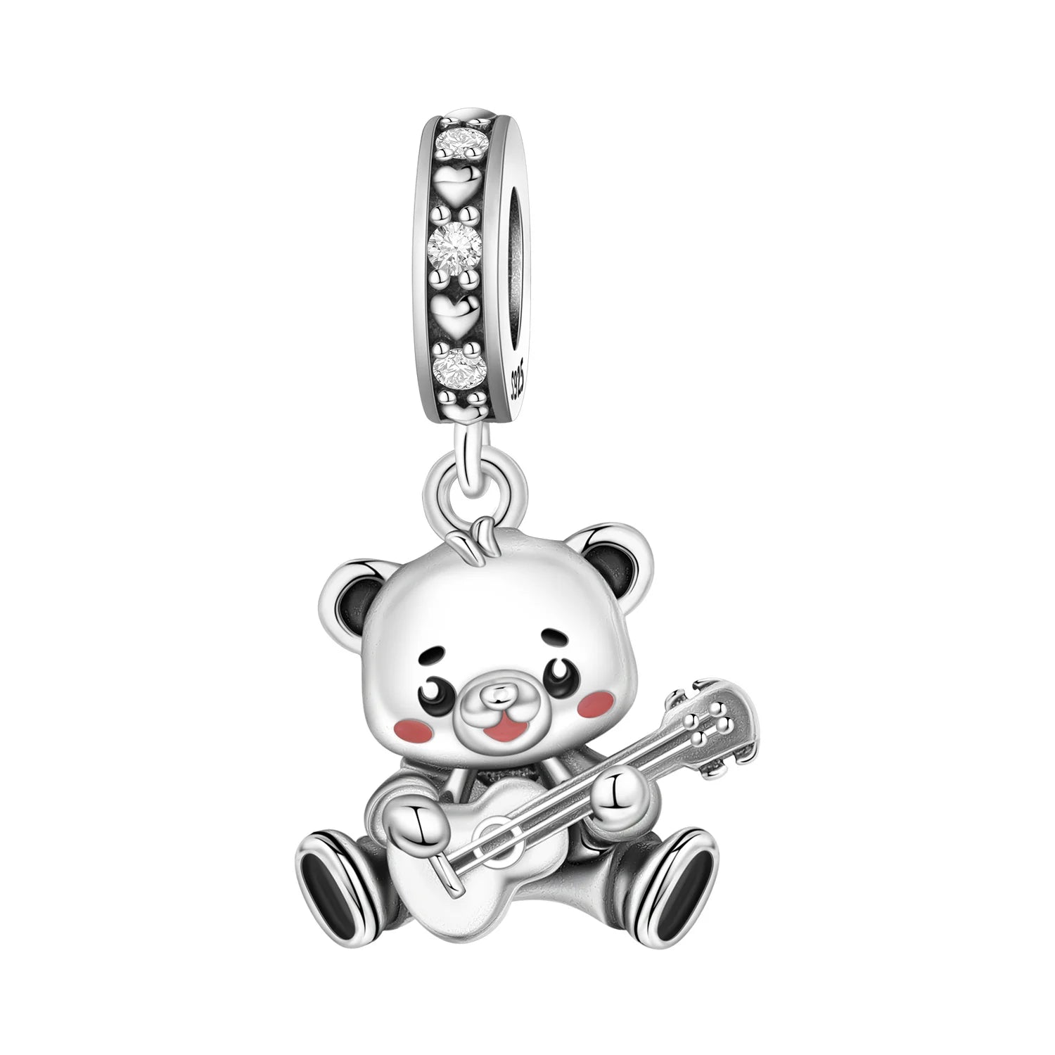 PANPOKI 925 Sterling Silver Bear Playing Guitar Beads Original Pendants Bracelet Charm Jewelry DIY Necklace Bracelet Fine Gifts