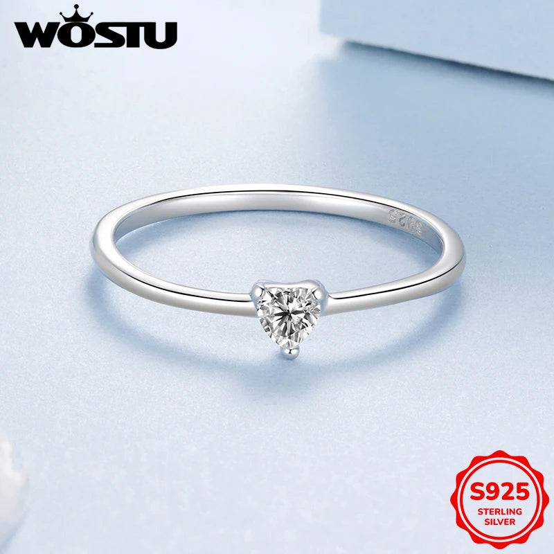 WOSTU 925 Sterling Silver Solitaire Heart Ring For Women Dazzling Clear CZ Finger Rings Engagement Wedding Party Jewelry Gift