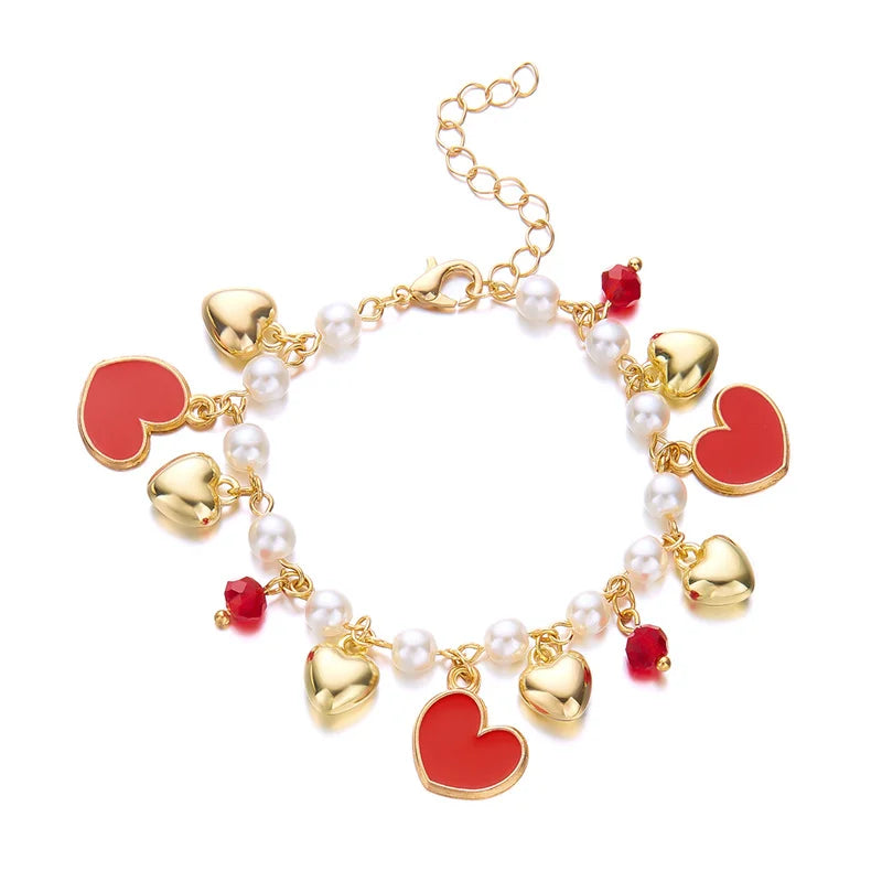 Charm Red Strawberry Bracelet For Women Cute Cherry Heart Shape Fruit Pearl Metal Chain Wristband Girls Party Friendship Jewelry