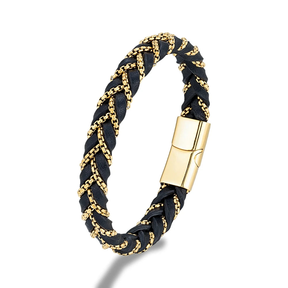 MKENDN Genuine Leather Box Chain Bracelet for Men Matte Black Magnetic Stainless Steel Clasp Exclusive Jewellery Gift Wholesale