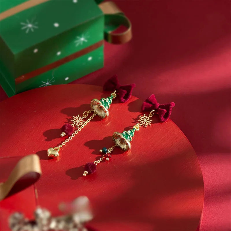 Vintage Wine Red Flocking Bowknot Drop Earring For Women Zircon Snowflake Christmas Tree Pearl Long Tassel Earring Party Jewelry