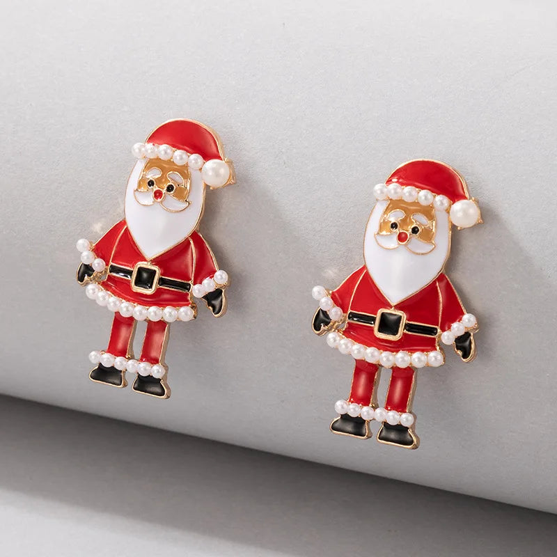 Cute Enamel Santa Claus Stud Earrings For Women Exquisite Imitation Pearl Cartoon Christmas Earring Xmas New Year Party Gifts