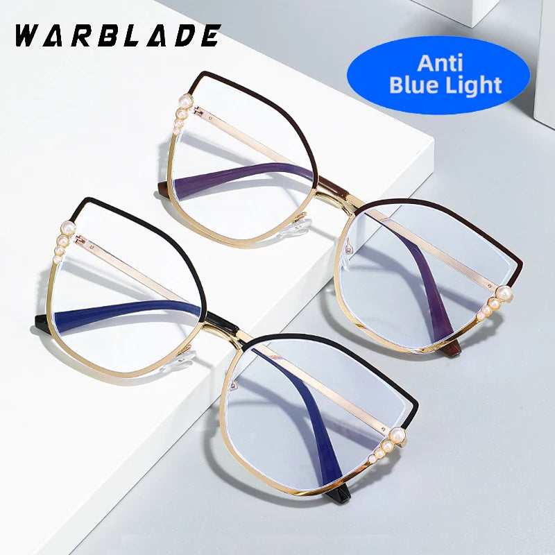 High Quality Metal Computer Glasses Frame Women Men Anti Blue Light Pearl Cat Eye Eyewear Blocking Optical Spectacle Eyeglass