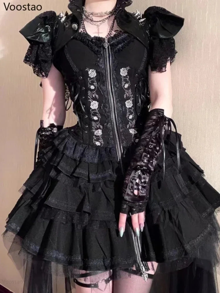 Gothic Lolita Y2k Dress Women Vintage Victorian Harajuku Lace Bandage Rose Embroidery Party Dresses Girls Sleeveless Vestidos