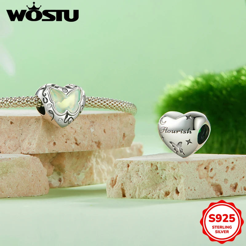 WOSTU 925 Silver Green Butterfly Heart Charm Clover Murano Bead Dragonfly unicorn Pendant fit Bracelet Necklace DIY Jewelry Gift