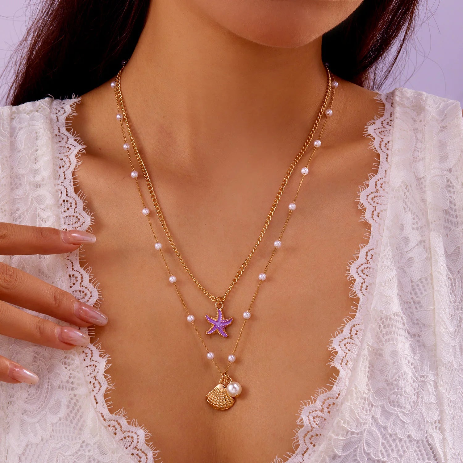 Boho Bohemian Sea Shell Starfish Pendant Necklaces For Women Double Layered Tortoise Imitation Pearl Bead Chain Beach Jewelry