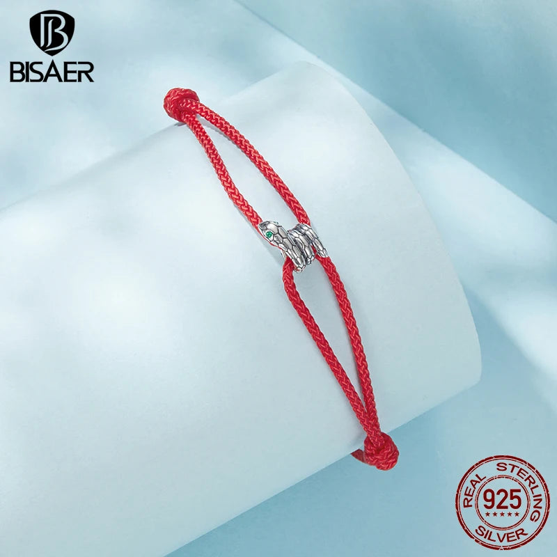 BISAER 925 Sterling Silver Red Viper Bracelet Snake Cotton Rope Adjustable Chain for Women Charms Beads DIY Fine Jewelry Gift