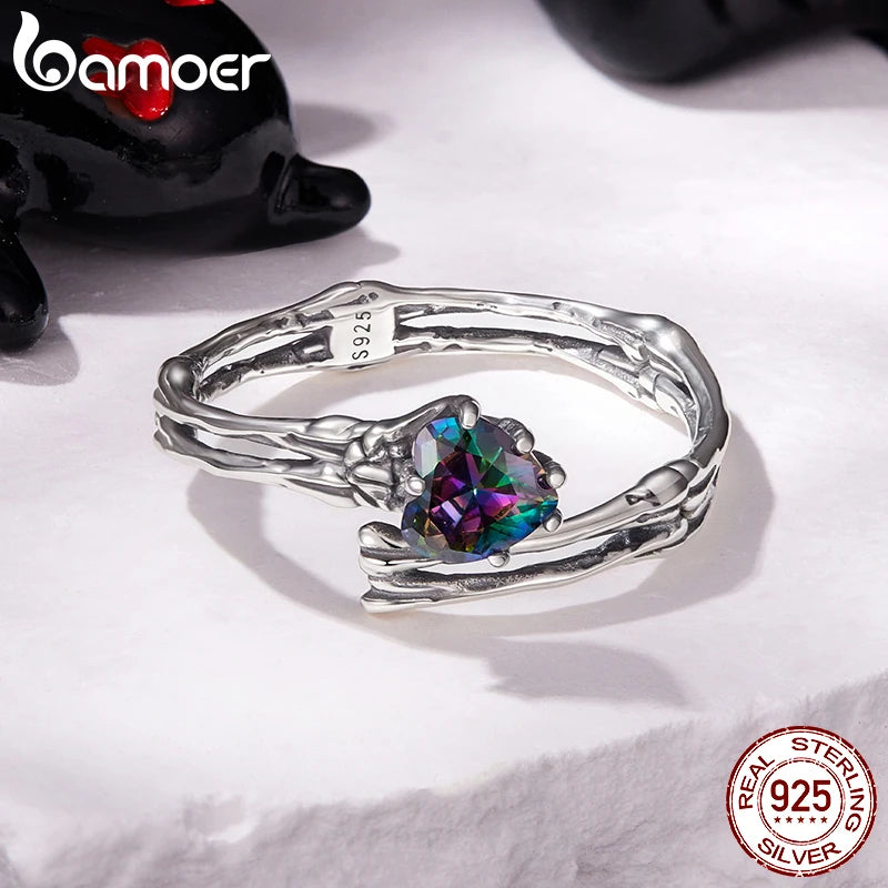 Bamoer 925 Sterling Silver Skull Hand Open Ring Adjusable Rainbow Heart Ring Double-layer for Women Halloween Punk Jewelry Gift