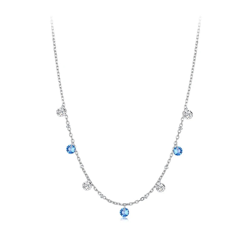 WOSTU 925 Silver Sapphire Blue Round Zircon Pendant Necklace For Women Wedding Jewelry Stackable Choker Links Party Gift