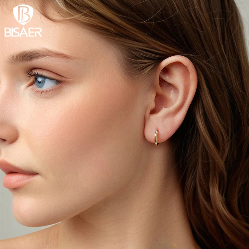 BISAER 925 Sterling Silver Two-tones Hoop Earrings Minimalist Round Huggie Earrings 14K Gold Plated For Women Party Fien Jewelry