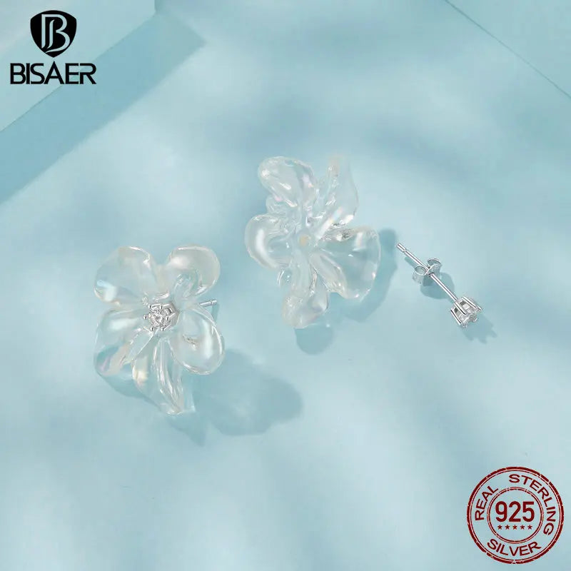BISAER 925 Sterling Silver Fresh Flower Stud Earring Blooming Purity Flowers Stud Ear Plated White Gold For Party Fine Jewelry