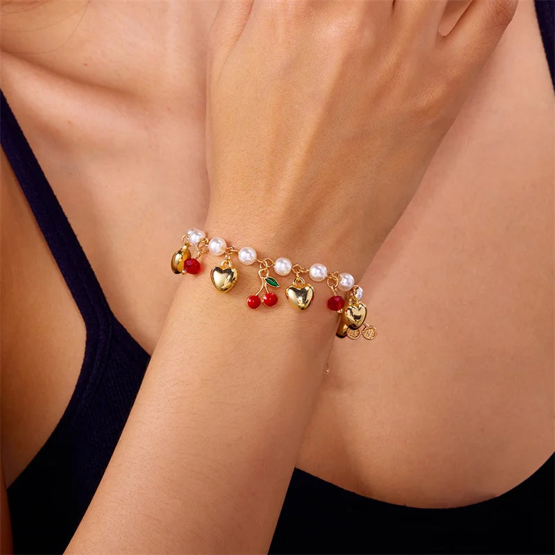 Charm Red Strawberry Bracelet For Women Cute Cherry Heart Shape Fruit Pearl Metal Chain Wristband Girls Party Friendship Jewelry