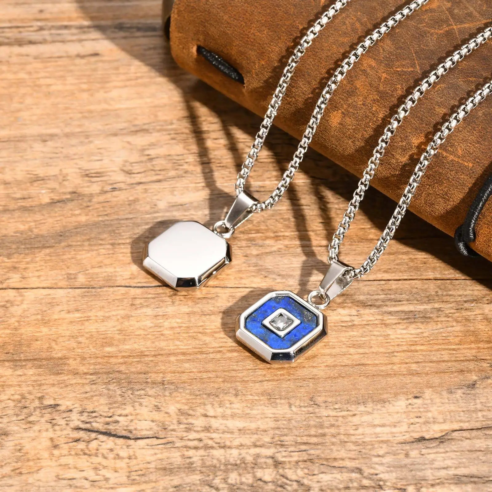 Vnox Mens Square Pendant Necklaces, Small Geometric Natural Stone Pendant with AAA CZ Stone, Simple Vintage Collar