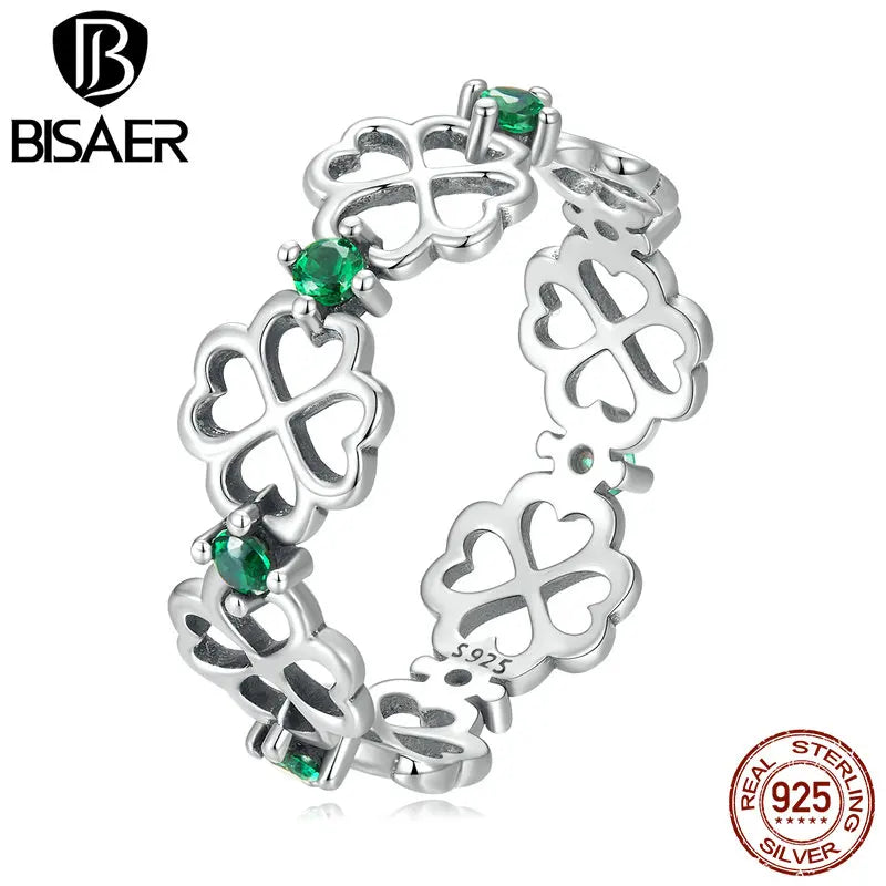 BISAER 925 Sterling Silver Four Leaf Clover Ring Hollowed Green Zircon Fine Jewelry For Engagement Party Women Gift ECR859