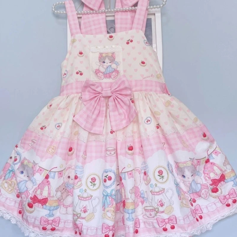 Japanese Sweet Lolita Jsk Dress Women Kawaii Cartoon Cat Print Bow Lace Ruffles Strap Dress Girls Cute Tea Party Mini Dresses