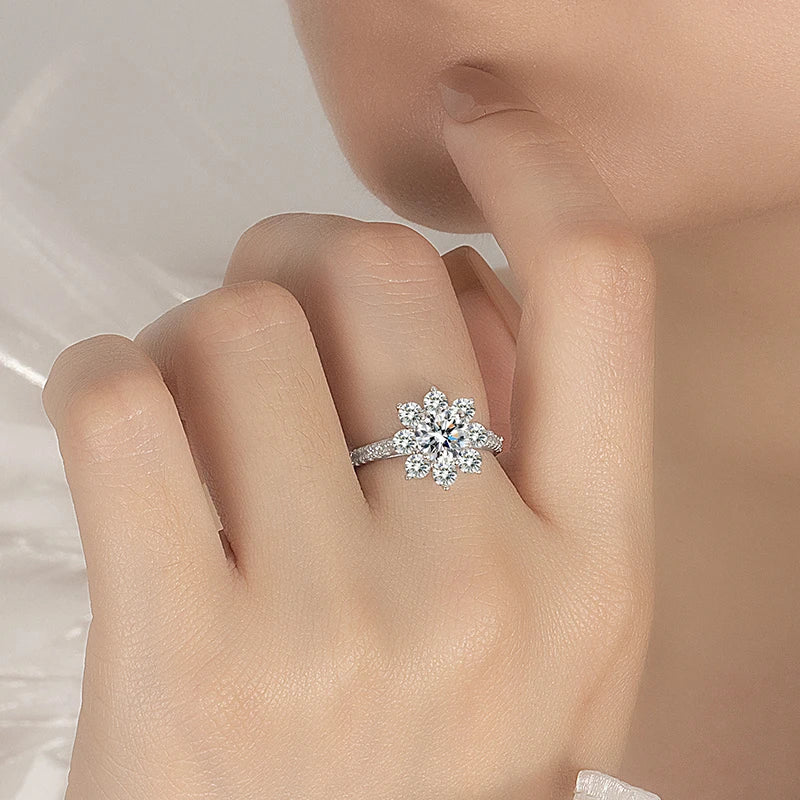 PERFANY 1-2CT Moissanite Ring for Women S925 Pure Silver Sunflower Design Laboratory Diamond Elegant Wedding Jewelry