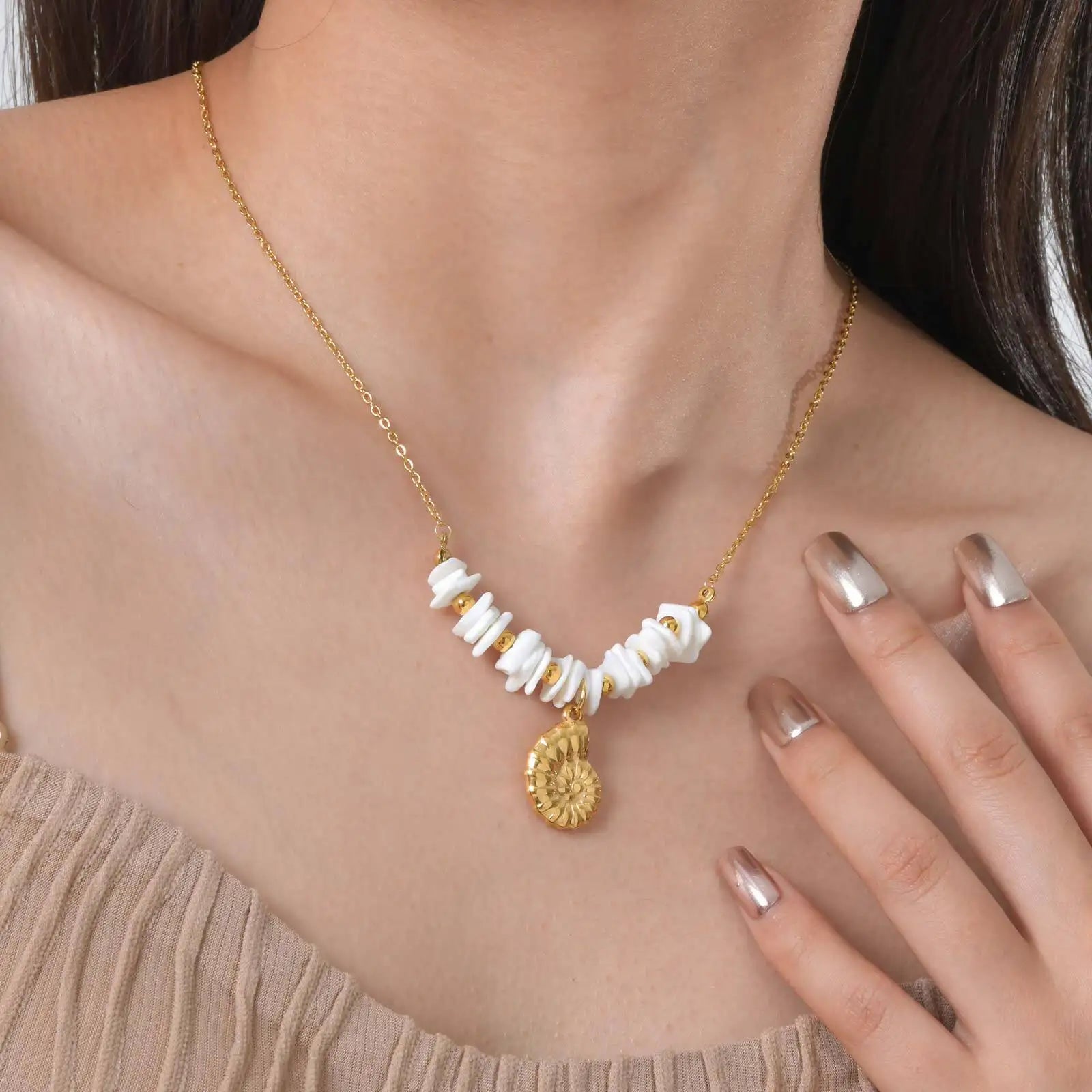 Vnox New Original Design Bell Conch Pendent Necklaces For Women,Stainless Steel White Square Bead Chain,Beach Waterproof Jewelry