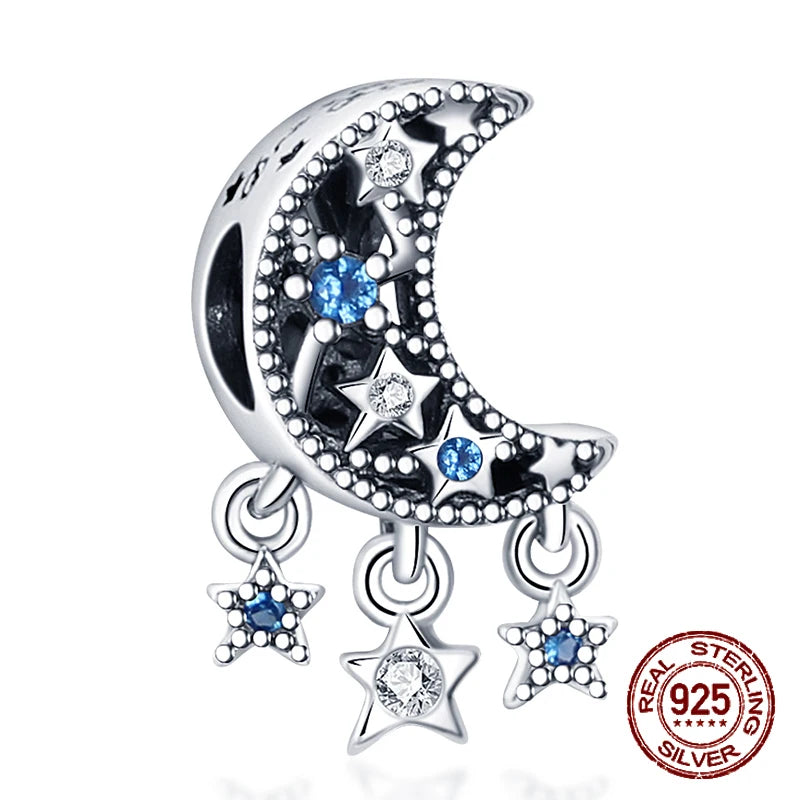 Breloque en argent sterling 925 représentant la lune, l'étoile, l'avion, l'espace, série bleue, compatible avec les bracelets Pandora originaux, bijoux à offrir