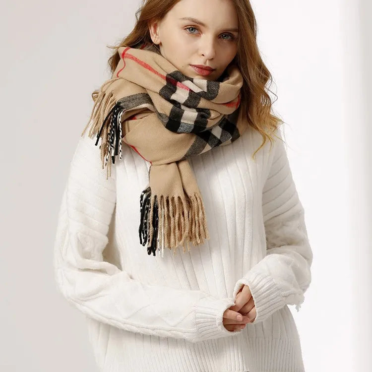 Autumn and winter BABA plaid scarf for women, stylish and versatile warm winter neck scarf in Korean-style checkered pattern.