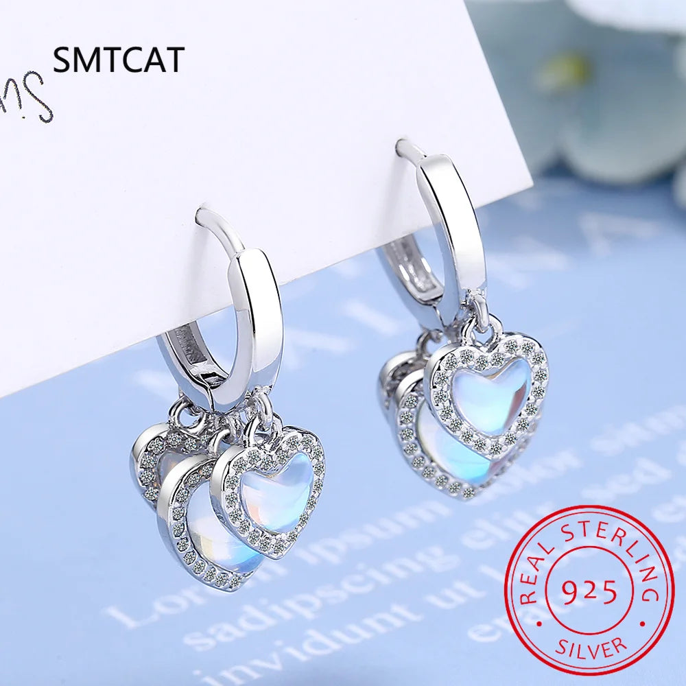 925 Sterling Silver Luxury Zircon Ear Buckle Heart Moonstone Tassels Hoop Earring for Women Engagement Fine Jewelry Aros Huggies