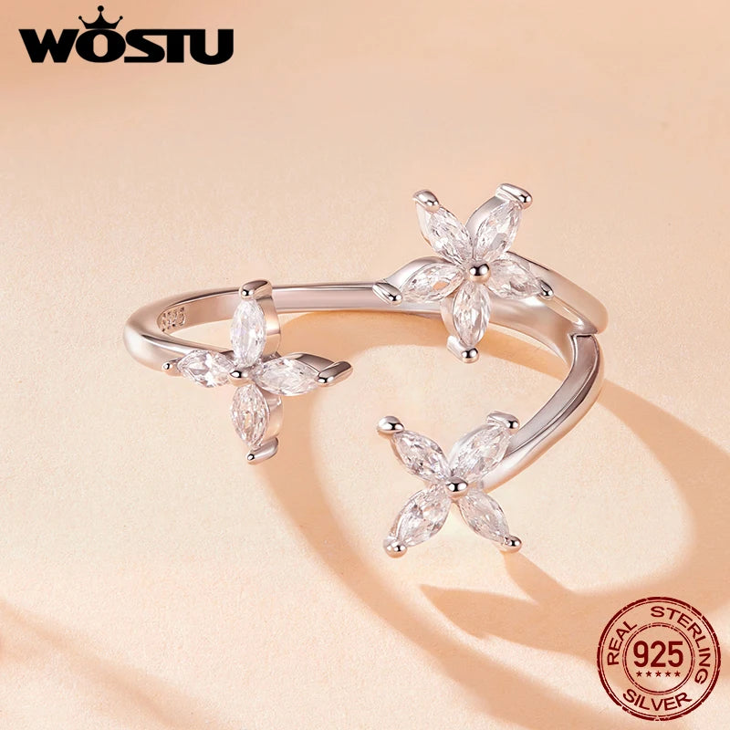 WOSTU 925 Sterling Silver Three Flower Open Ring For Women , Newest s925 Jewelry Gift Shiny AAA Zircon Stacking Leaf Rings R710