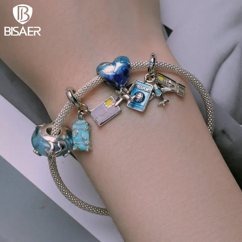 BISAER 925 Sterling Silver Flying Dragon Pendant Dream Bear Travel Plane Suitcase Charm Bead for Women DIY Bracelet Fine Jewelry