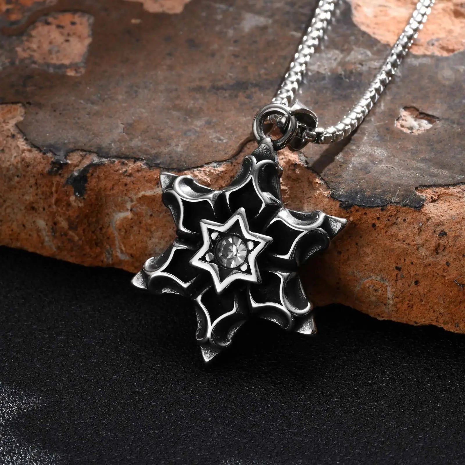 Vnox Hexagram David Star Necklace, Mens Gothic Floral Textured Pendant, Punk Thick Bold Heavy Male Accessory