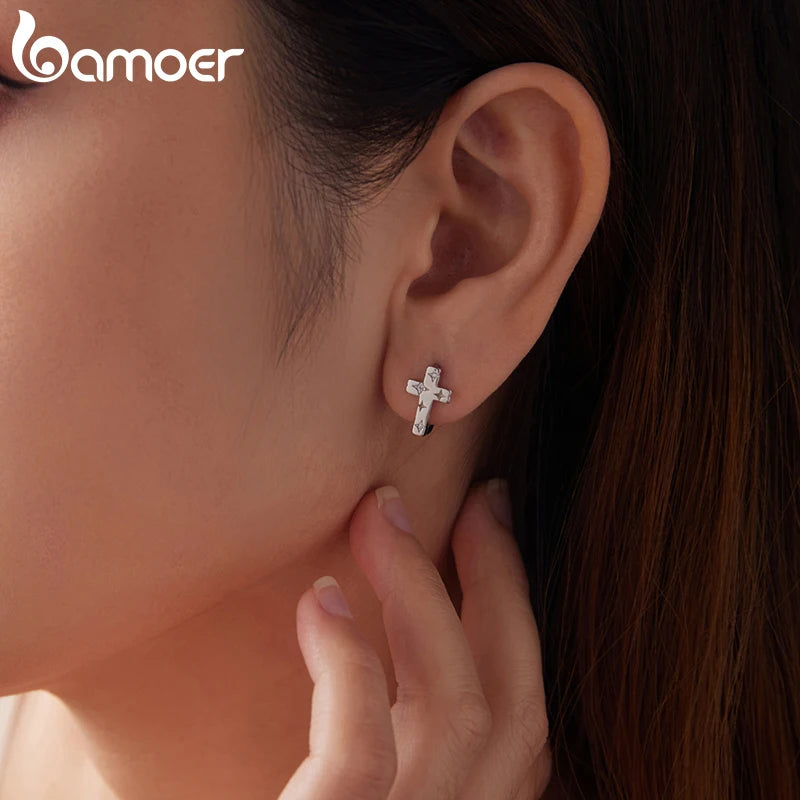 BAMOER 925 Sterling Silver Vintage Cross Hoop Earrings for Women, Paved CZ Satr Earrings Dainty Jewelry Gift Hypoallergenic