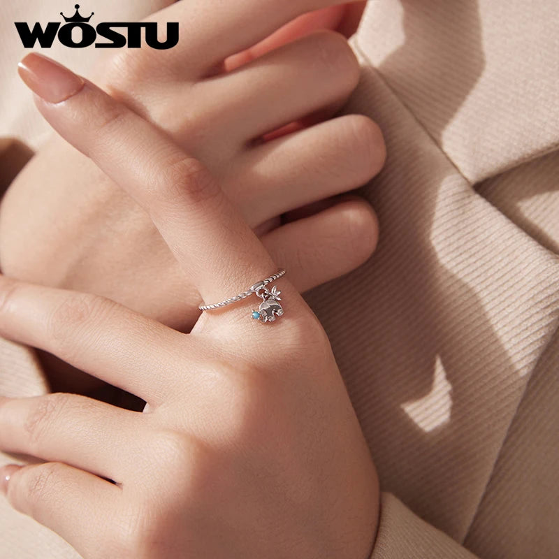 WOSTU Ring aus massivem 925er Silber mit niedlichem Elefantenmotiv und gedrehtem Seilmuster, offener Ring für Damen, verstellbarer Ring mit türkisfarbenem Tiermotiv, feines Geschenk zum Mädchengeburtstag