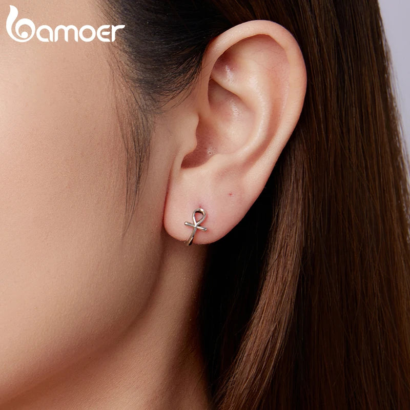 BAMOER 925 Sterling Silver Ankh Cross Huggies Hoop Earrings Original Viking Ear Cuffs for Women Religion Gift Guard Jewelry