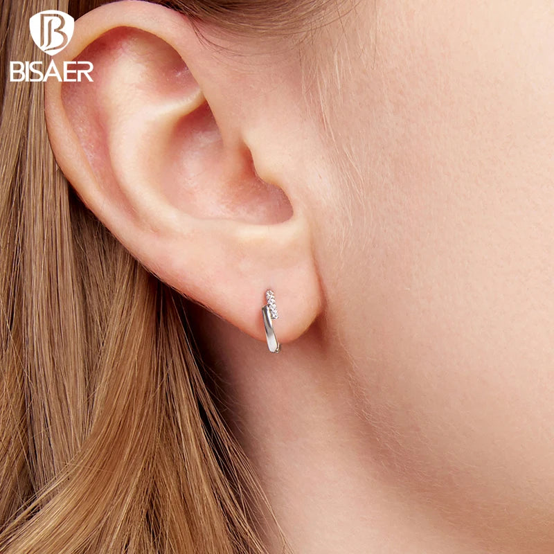 BISAER Solid 925 Sterling Silver Cross Hoop Earrings Round Huggie Earrings Plated White Gold for Women Party Fine Jewelry Gift