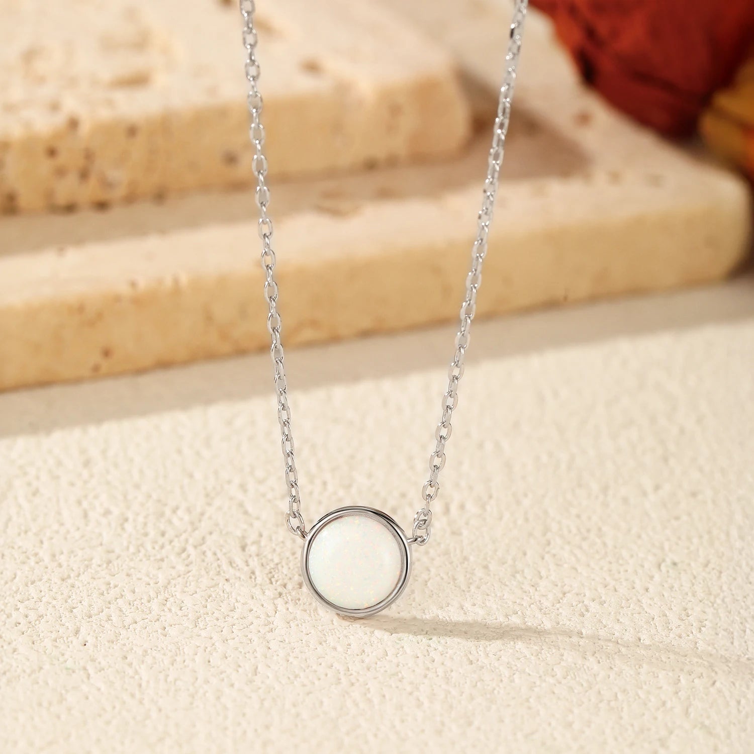 MODIAN 925 Sterling Silver Round Opal Link Chain Pendant Necklace Fashion Daily Stackable Necklaces For Women OL Fine Jewelry