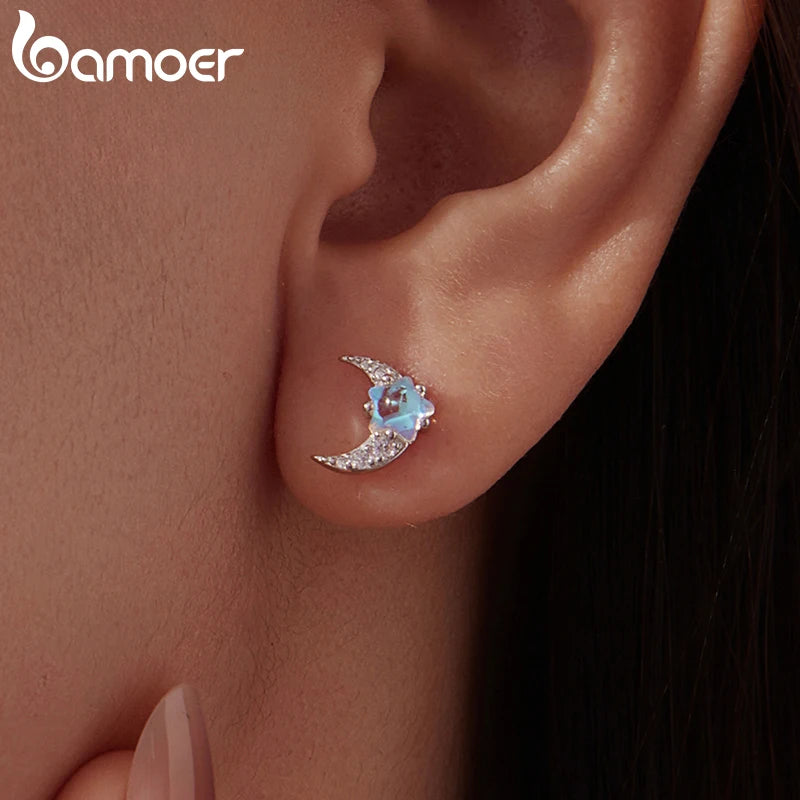 BAMOER 925 Sterling Silber Stern- und Mond-Ohrstecker, Zirkonia-Mondstein-Ohrstecker für Damen, funkelndes Weihnachtsgeschenk