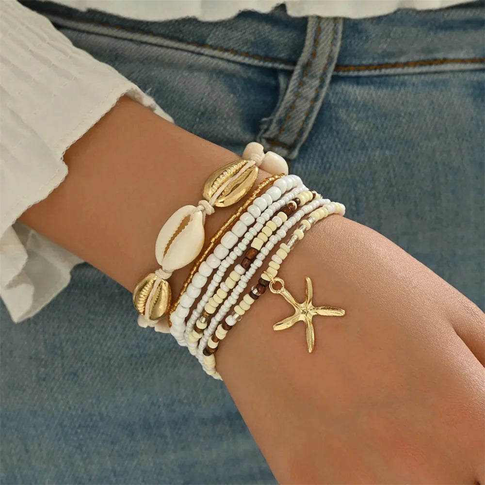 7pcs Bohemian Multilayer Ocean Style Starfish Shell Beads Summer Bracelets For Women Jewelry Perfect For Beach Vacation Festival
