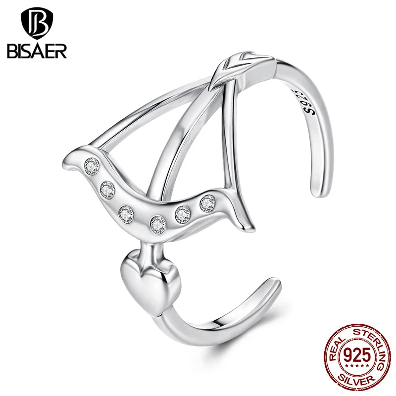 BISAER 925 Sterling Silver Heart Arrow Open Ring Adjustable Eternity Band for Women Engagement Wedding Fine Jewelry ECR1132-E