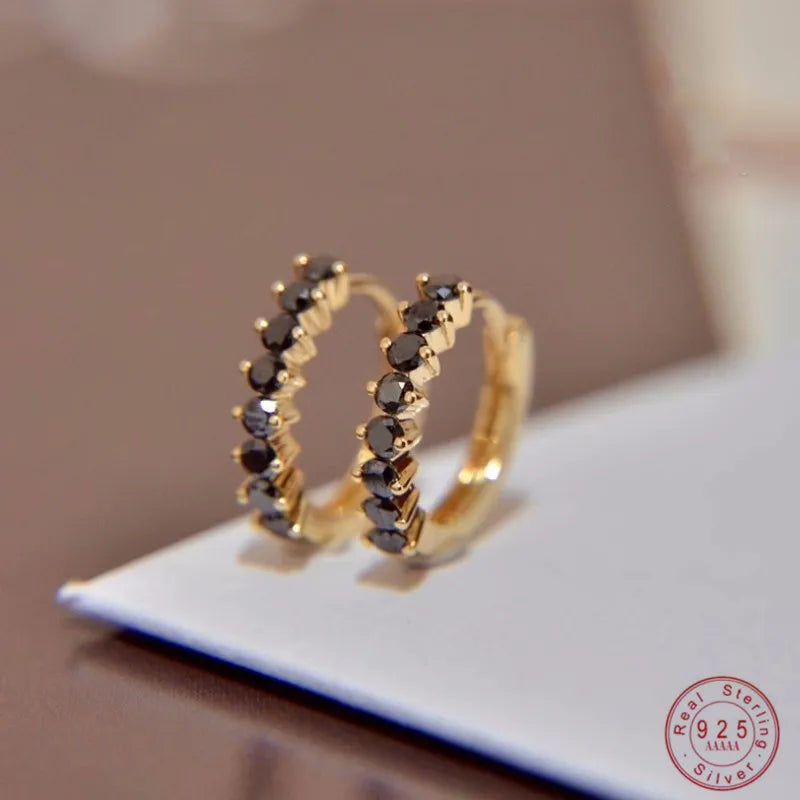 Genuine 925 Sterling Silver Personality Temperament Inlay Black Zircon Geometry Earrings For Women Sterling Silver Jewelry