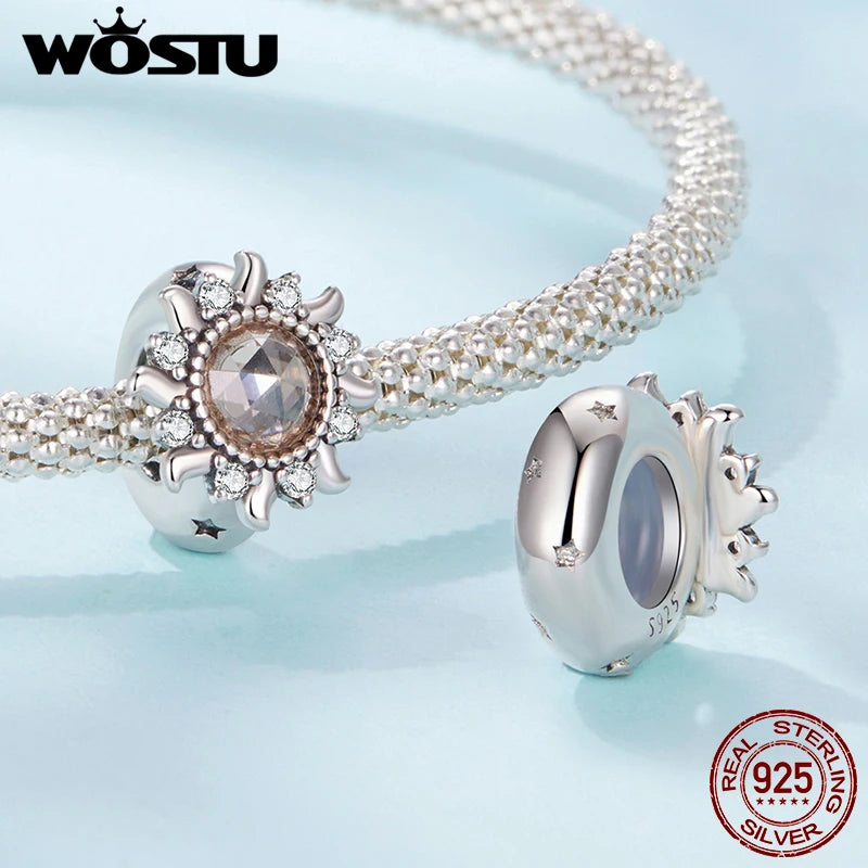 WOSTU 925 Sterling Silver Sunflower Silicone Spacer Beads Zircon Clip Charms Turtle Safty Chains Fit Original Bracelet Necklace