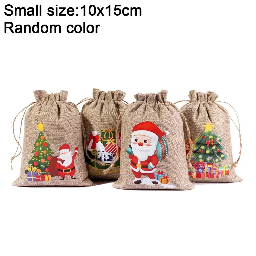 1/30PCS Christmas Linen Drawstring Bags Candy Biscuits Pouchs Burlap Bracelet Jewelry Storage Bags Xmas Kids Gift Packaging Bags