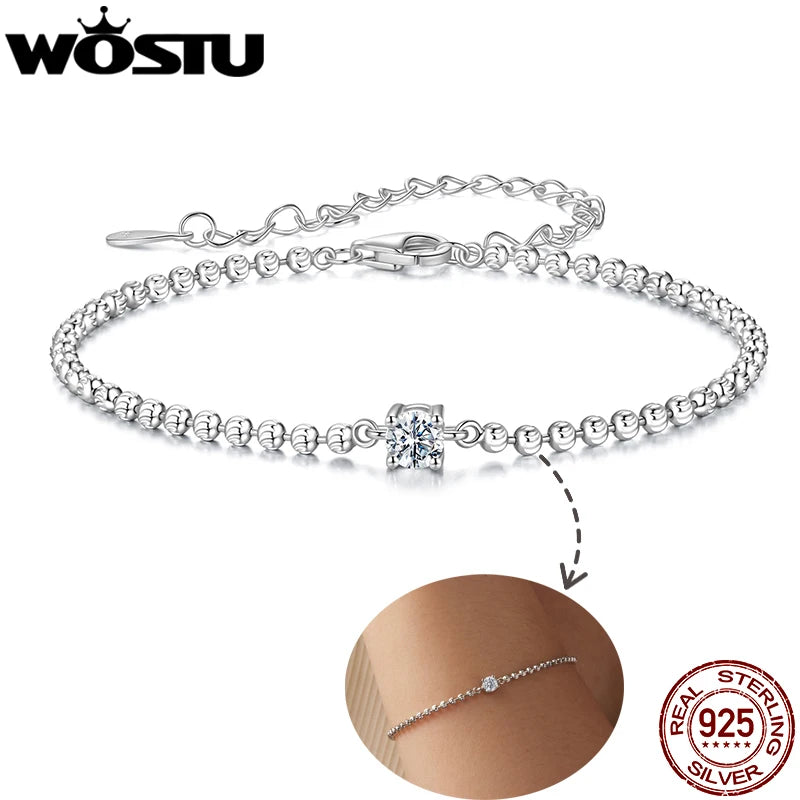 WOSTU 0.3CT Sparkling Moissanite Bead Chain Bracelet For Women , 925 Silver Lab Diamond moissanite Links with GRA Certificate