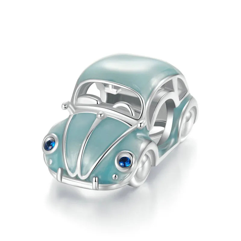 WOSTU 925 Sterling Silver Cartoon Bus Charm Beetle Car Bead Pink Bicycle Pendant Fit Bracelet Necklace Girl Birthday DIY Jewelry
