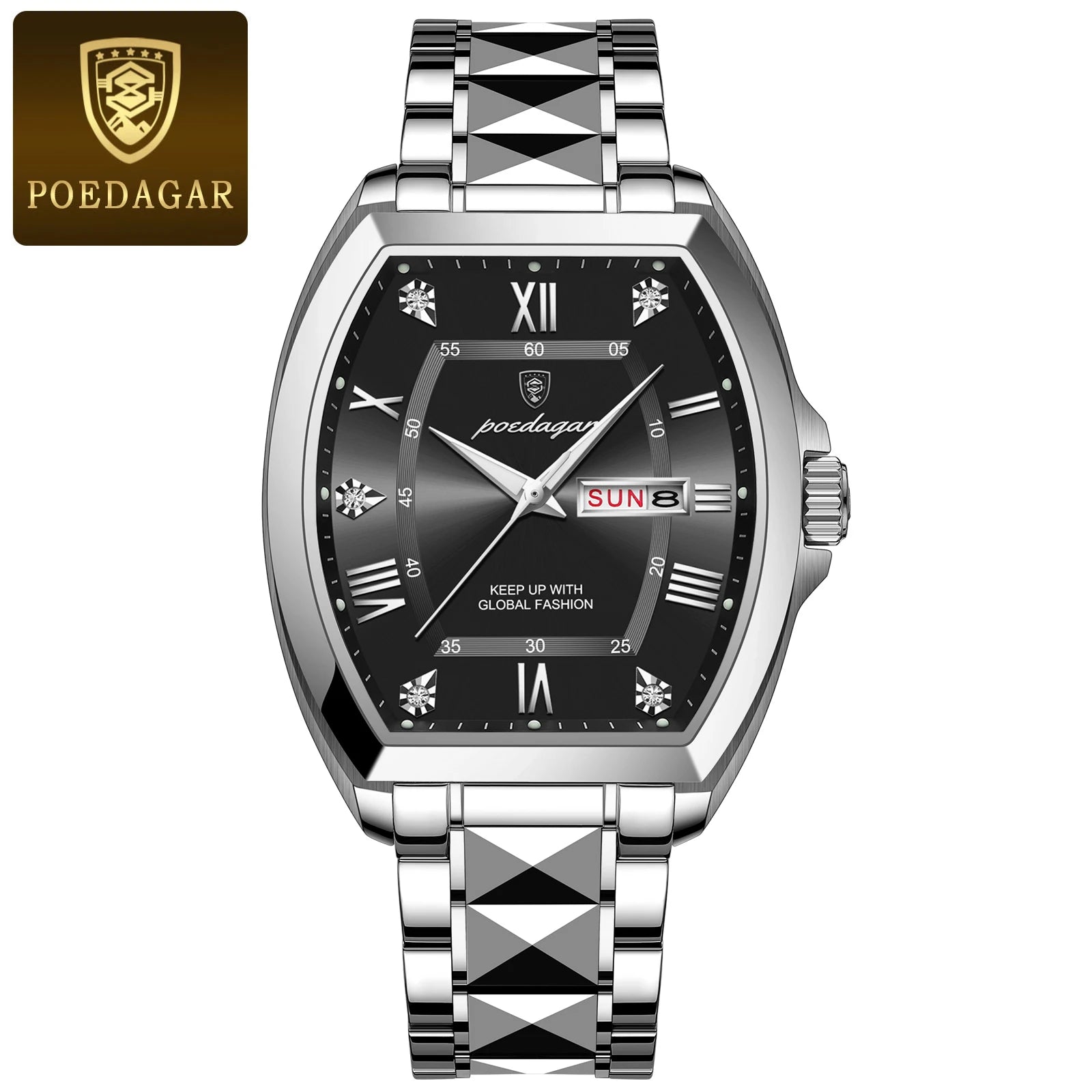 POEDAGAR Luxury Stainless Steel Watches for Man Luminous Waterproof Date Week Men Watch Tonneau Case Men's Quartz Watches Reloj