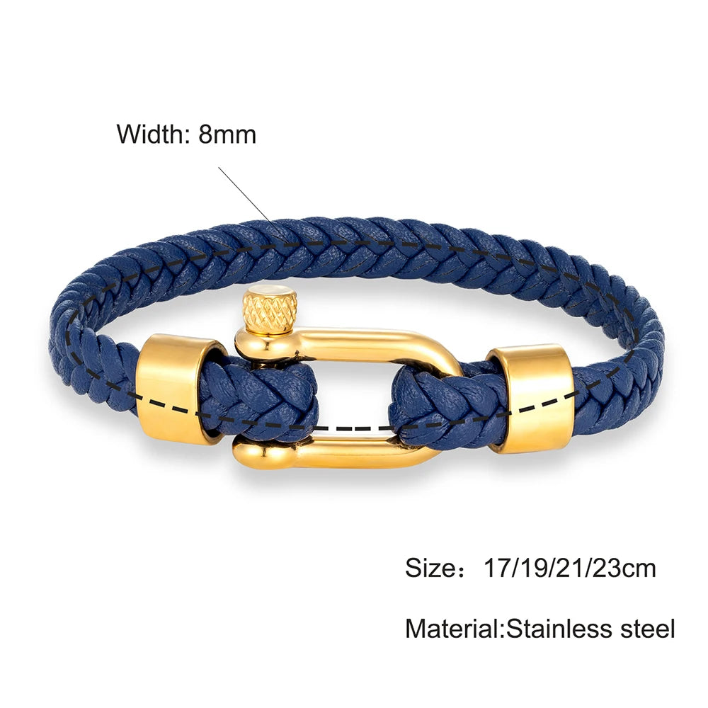 MKENDN Punk Gold Plated Stainless Steel U-shape Shackle Bucklae Bracelets Black Blue Braided Leather Bracelet Homme Pulseras